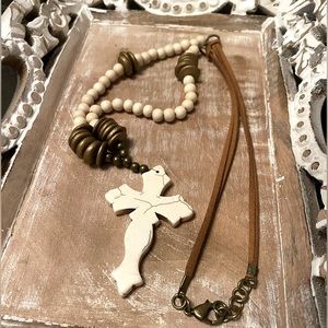 Magnesite 3” Solid Cross, Natural Wood Beads & Gold Disk Beads on Tan Suede.